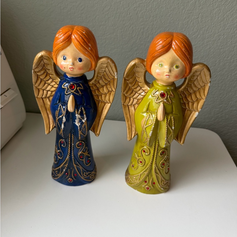 Ardco VINTAGE Paper Mache Angel Figurine Rhinestones—Green and Blue Angels